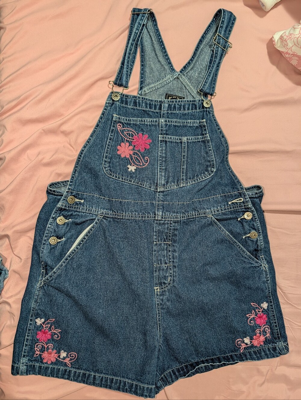 Route 66 Blue Denim Short Overalls with Pink Floral Embroidery